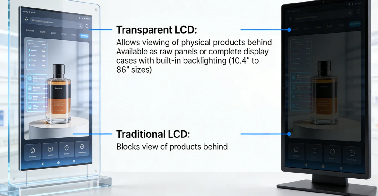 Clear LCD screen vs traditional display comparison showing digital content layered over physical retail products in a transparent display case Clear LCD screen vs traditional display comparison showing digital content layered over physical retail products in a transparent display case