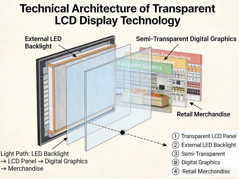 Technical architecture of transparent LCD display technology illustrating external LED backlight integration and semi-transparent digital graphics for retail merchandise