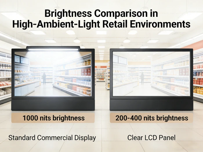 Comparison of standard commercial displays with 1000 nits brightness versus clear LCD panels producing 200 to 400 nits for high-ambient-light retail environments Comparison of standard commercial displays with 1000 nits brightness versus clear LCD panels producing 200 to 400 nits for high-ambient-light retail environments