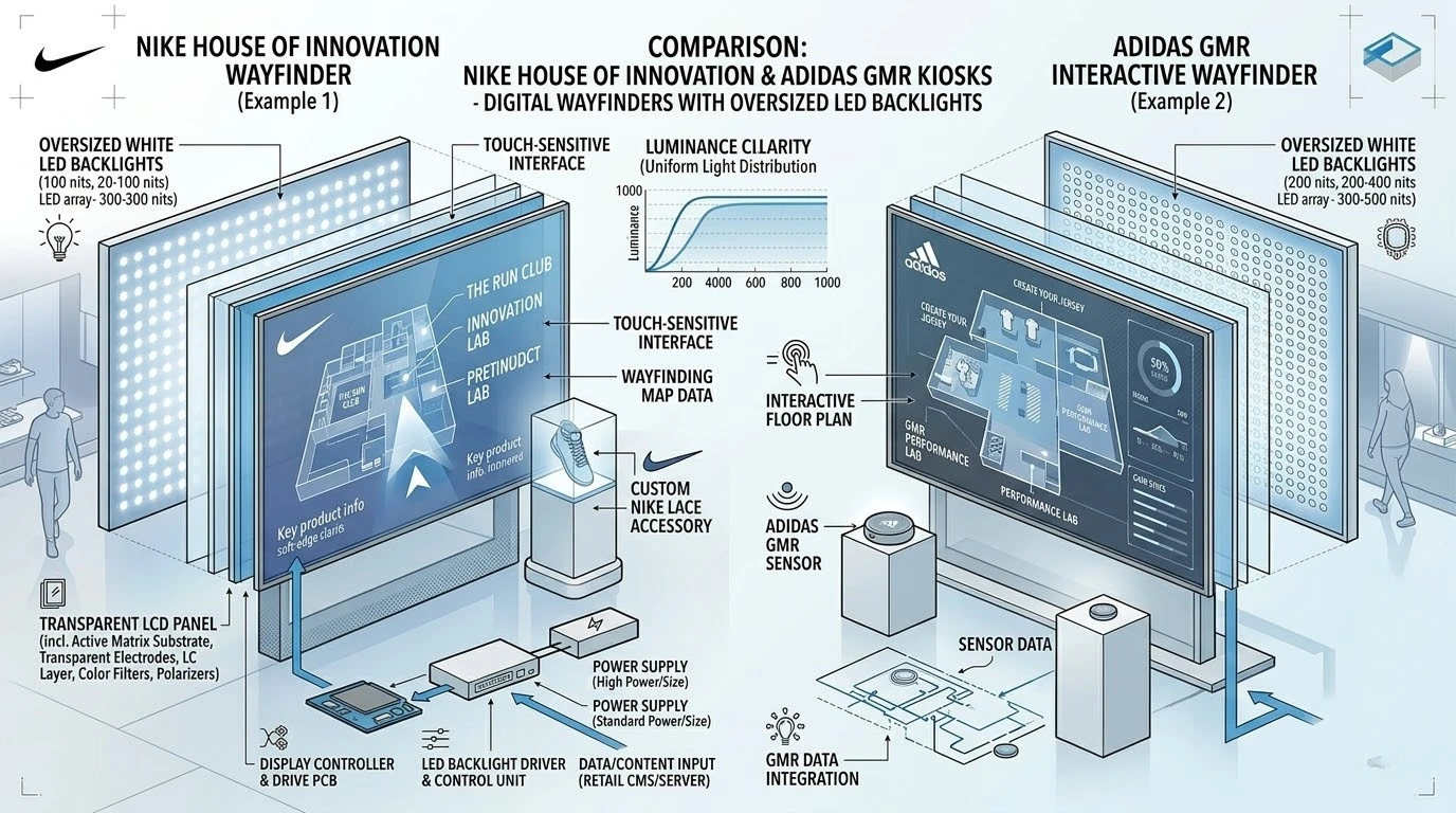 Nike House of Innovation and Adidas GMR interactive transparent LCD kiosks operating as digital wayfinders with oversized white LED backlights