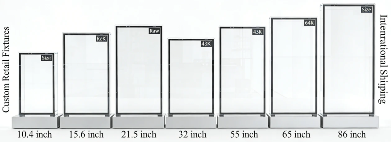 Complete transparent LCD display case solutions and raw panels ranging from 10.4 inch to 86 inch 4K resolution for custom retail fixtures and international shipping