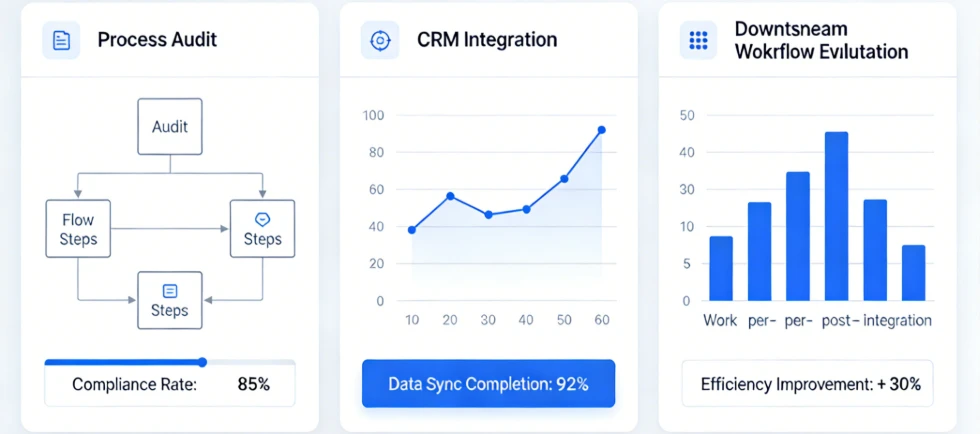 Data analytics dashboard on a screen, representing the process audit, CRM integration, and downstream workflow evaluation needed before investing in interactive kiosk hardware