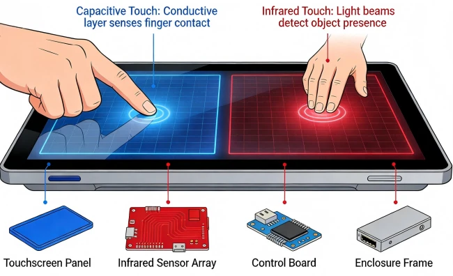 Close-up of a person interacting with a digital touchscreen display, illustrating capacitive vs infrared touch technology and interactive kiosk hardware choices