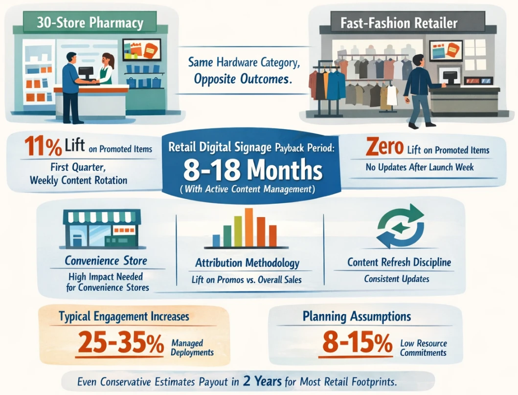 Retail digital signage ROI measurement showing 11 percent lift on promoted items with active content management and weekly rotation at checkout