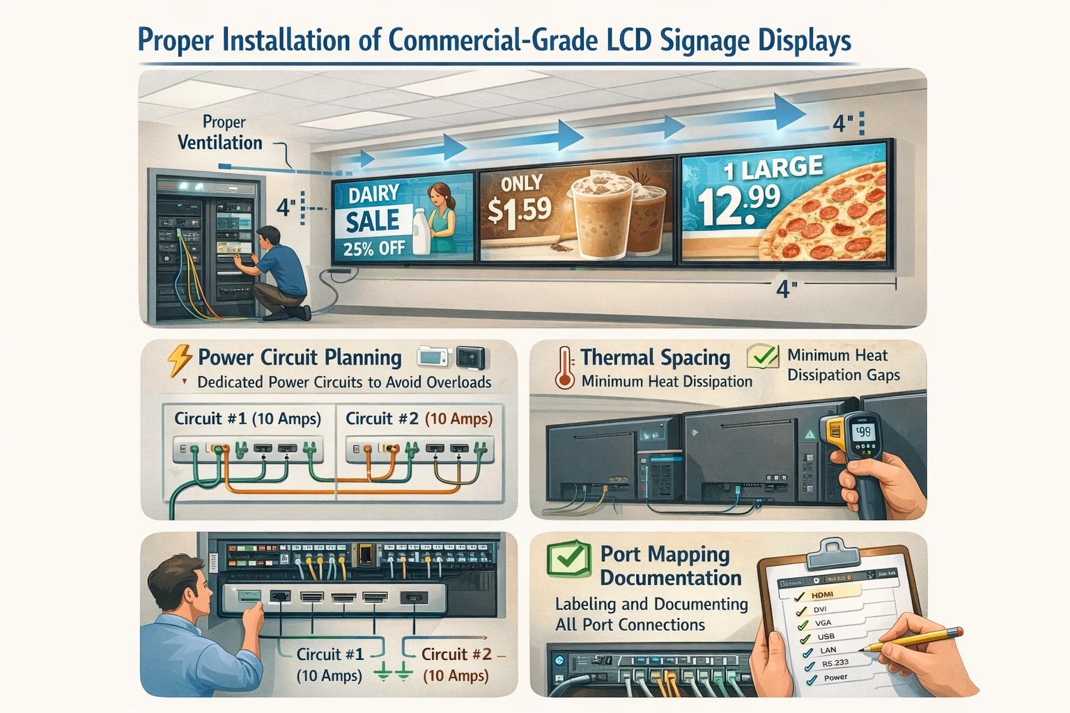 Proper installation of commercial-grade LCD signage displays showing correct power circuit planning, thermal spacing, and port mapping documentation