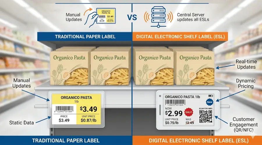 Comparison between traditional paper price tags and digital shelf labels on a retail shelf Comparison between traditional paper price tags and digital shelf labels on a retail shelf