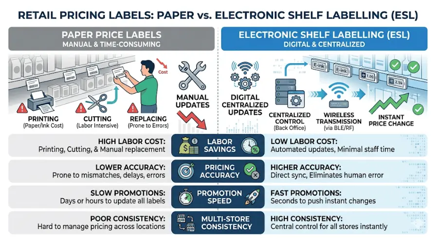 Comparison infographic showing differences between paper price labels and electronic shelf labelling Comparison infographic showing differences between paper price labels and electronic shelf labelling