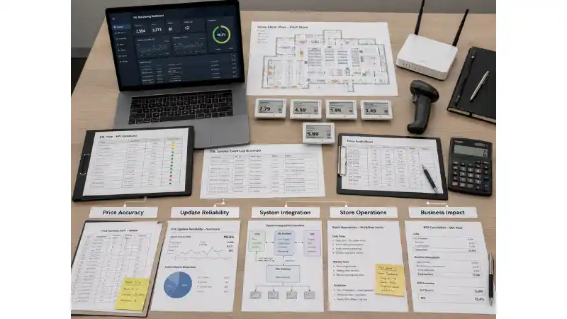 Electronic shelf label pilot KPI framework covering accuracy reliability integration operations and business impact Electronic shelf label pilot KPI framework covering accuracy reliability integration operations and business impact