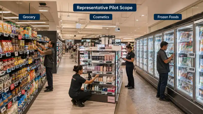 Representative ESL pilot scope across grocery cosmetics and frozen food departments