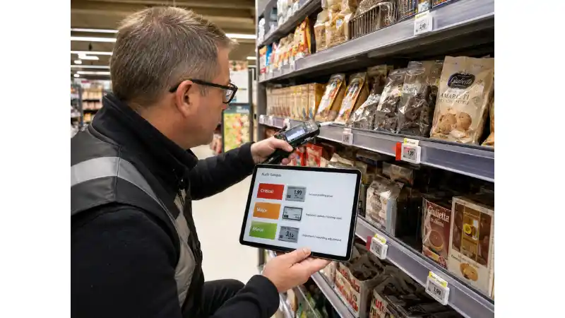 Retail auditor checking electronic shelf labels and classifying critical major and minor pilot failures Retail auditor checking electronic shelf labels and classifying critical major and minor pilot failures