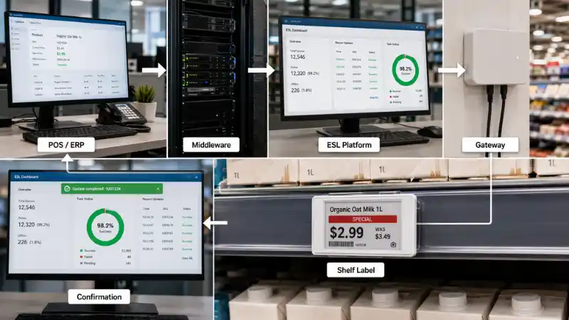 End-to-end electronic shelf label update flow from POS and ERP systems to the shelf display End-to-end electronic shelf label update flow from POS and ERP systems to the shelf display