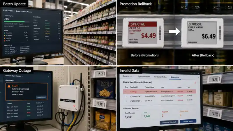 Electronic shelf label pilot stress tests for batch updates promotion rollback gateway outage and invalid data