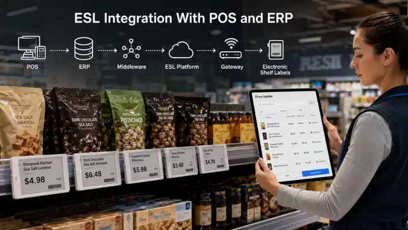 Electronic shelf label integration connecting POS, ERP, middleware, gateways, and digital shelf labels