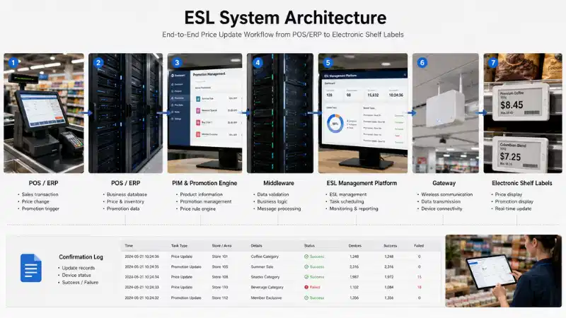 POS and ERP data flow through middleware and an ESL platform to electronic shelf labels