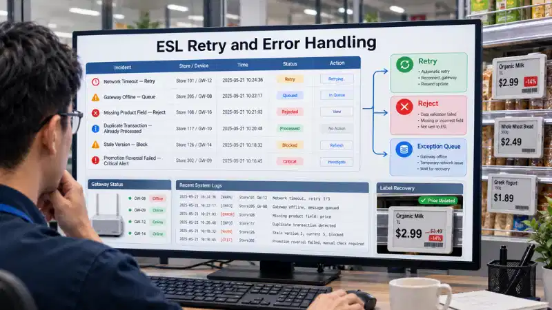 ESL retry and error handling dashboard for timeouts, duplicate transactions, stale updates, and failed promotions