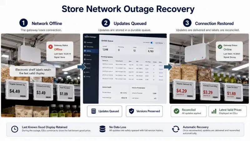 Electronic shelf label network outage recovery with queued updates, version control, and reconciliation