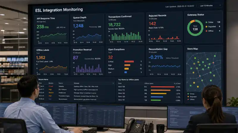 ESL integration monitoring dashboard showing API performance, queue depth, gateway status, and reconciliation gaps ESL integration monitoring dashboard showing API performance, queue depth, gateway status, and reconciliation gaps