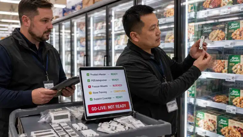 ESL store readiness review blocked by missing freezer mounting adapters before go-live