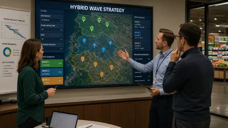 Retail rollout team grouping supermarkets into controlled electronic shelf label deployment waves Retail rollout team grouping supermarkets into controlled electronic shelf label deployment waves