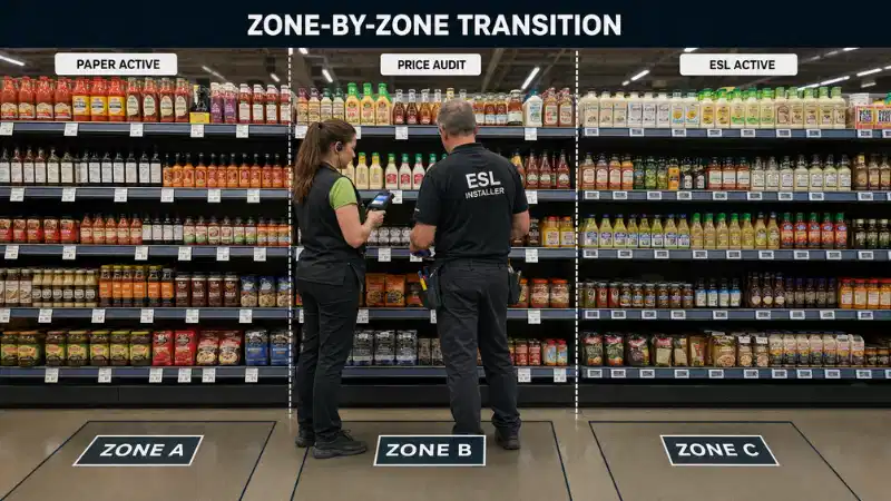 Zone-by-zone supermarket transition from paper shelf labels to active electronic shelf labels