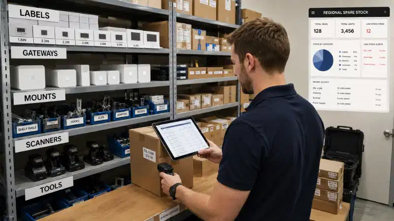 Regional spare inventory of electronic shelf labels, gateways, mounts, and binding equipment