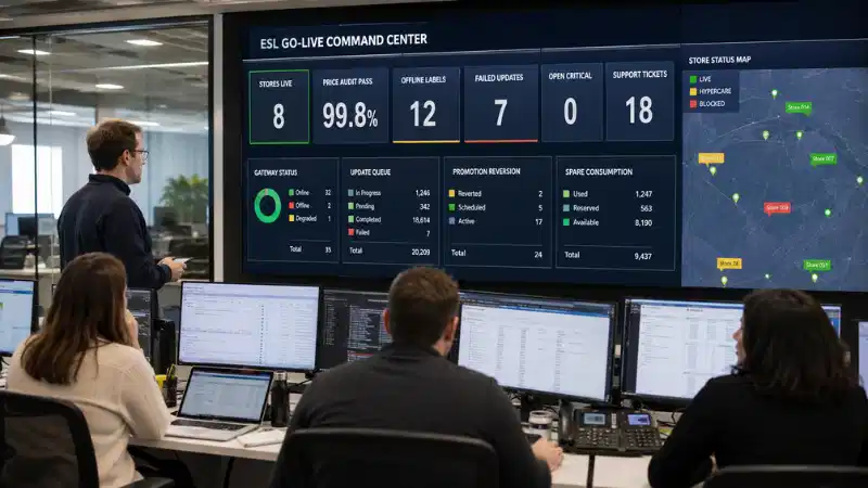 ESL go-live command center monitoring price audits, offline labels, failed updates, and support tickets ESL go-live command center monitoring price audits, offline labels, failed updates, and support tickets