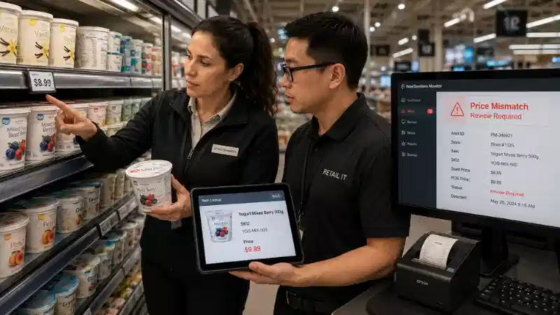 > Retail staff investigating a price mismatch between an electronic shelf label and POS system