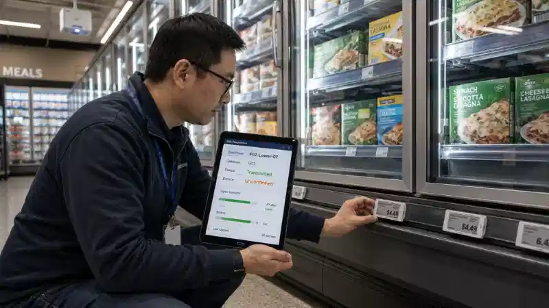 > Retail engineer diagnosing an unconfirmed electronic shelf label near a supermarket freezer
